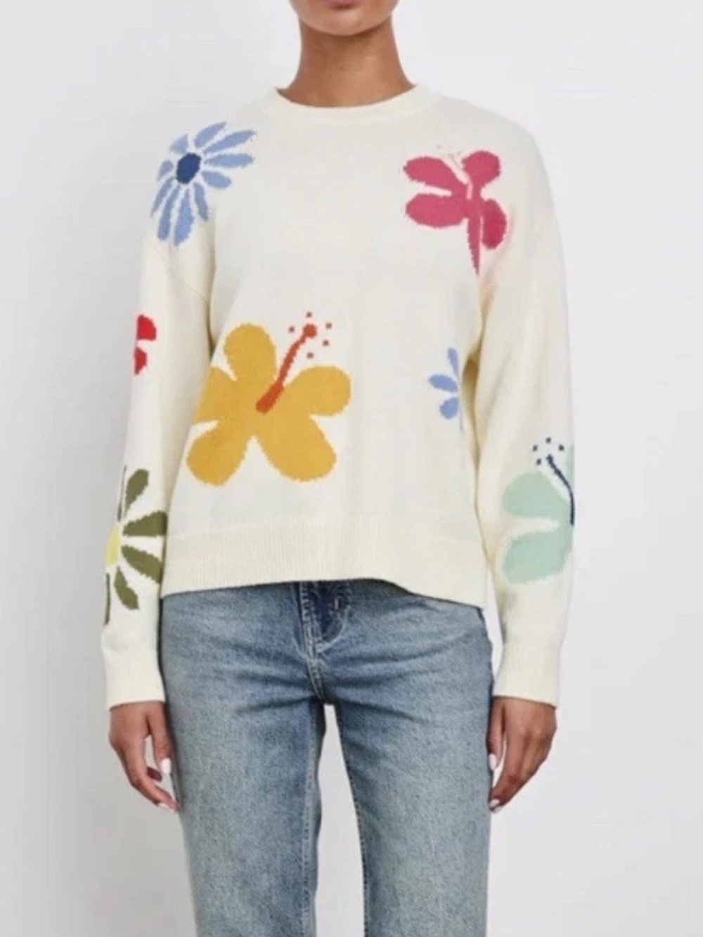 Rails Zoey Ivory Hibiscus Floral Intarsia Sweater Size XL  Coastal EUC